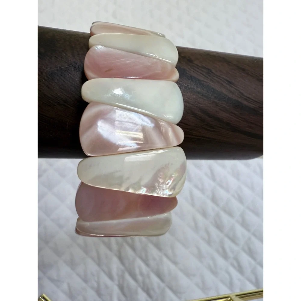 Mother of Pearl Shell Stretch Bracelet Pink Cream Iridescent Statement Boho Chic